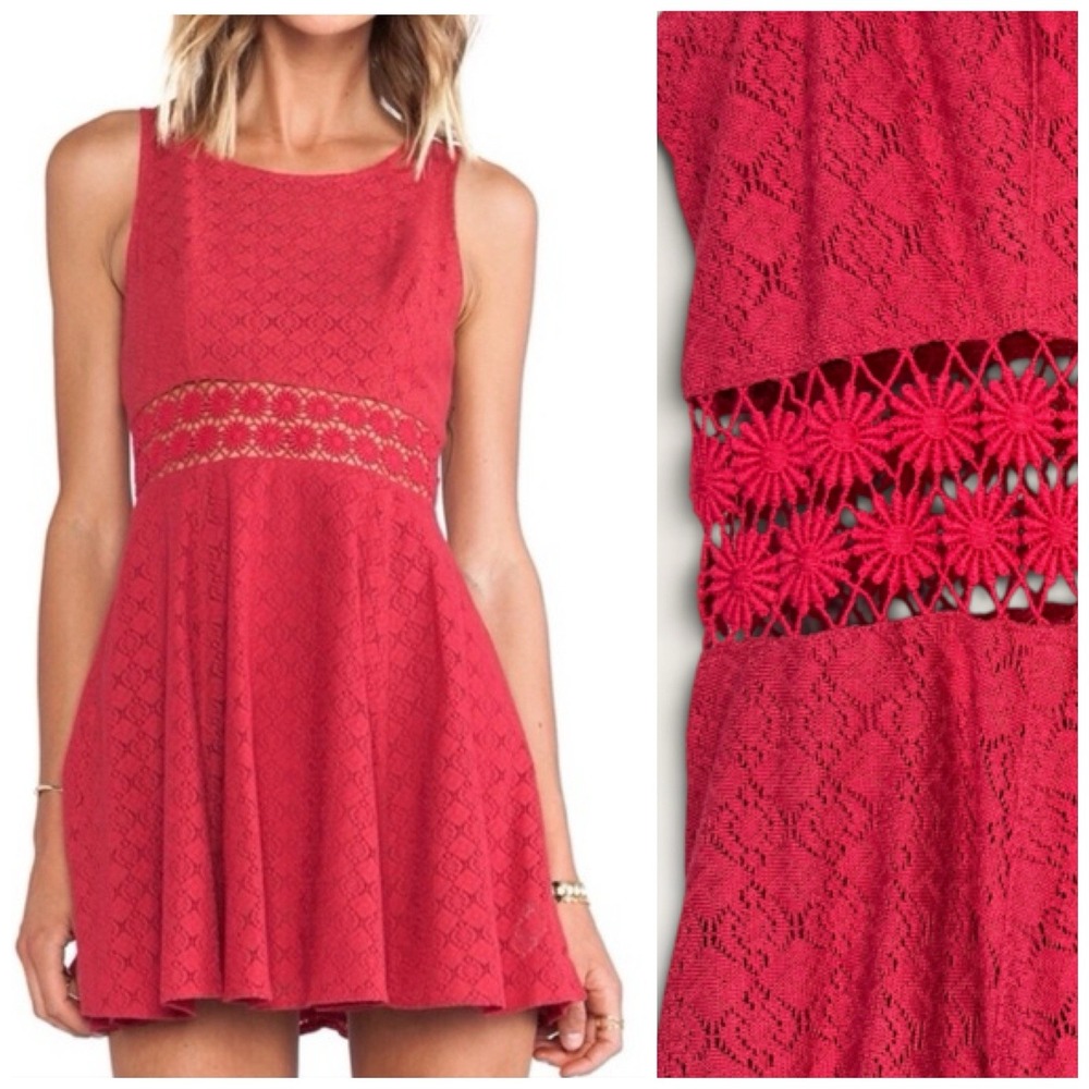 Free People Dress M Lace Daisy Skater Sleeveless Flare Back Zip Boho Sundress